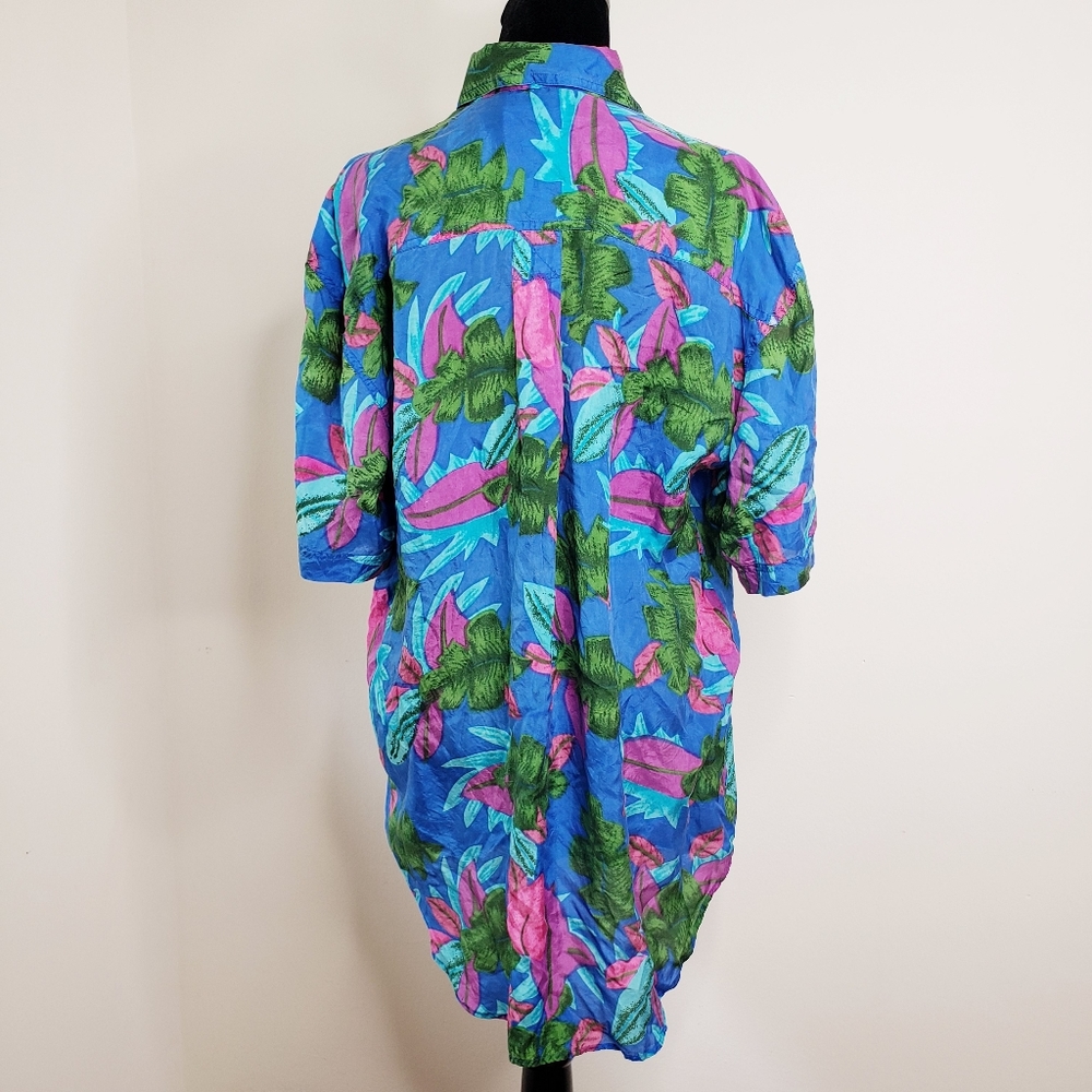 Vintage Silk Blouse Size 1X Button Up Shirt Tropical Blue Pockets Leena Studio - Picture 2 of 12